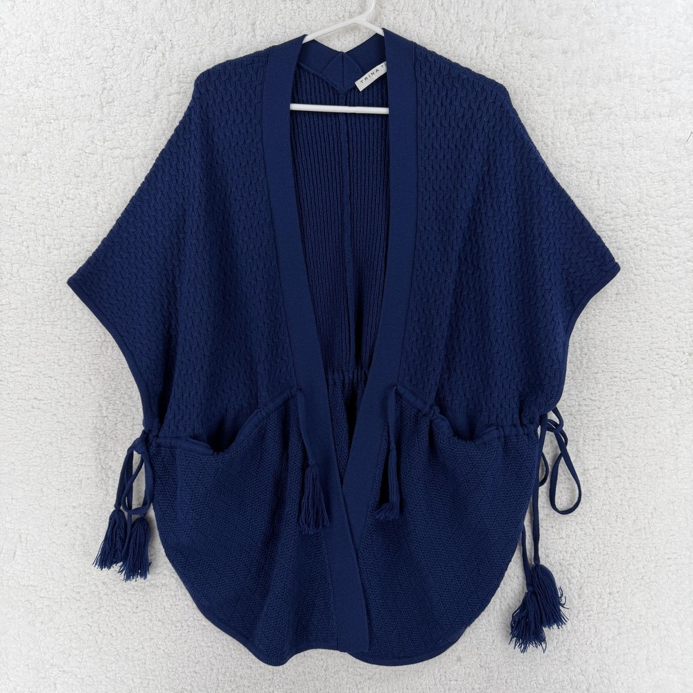 Trina Turk Sweater Cape‎ Womens One Size Blue 100% Merino Wool Tassel Knit